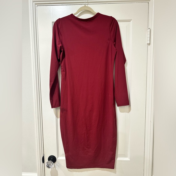 Zara dark burgundy long sleeve crewneck midi bodycon dress - Picture 6 of 8